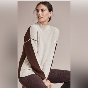 NWT J.Jill Tan and Chocolate Brown Mock Neck Cotton Knit Sweater Size Petite M